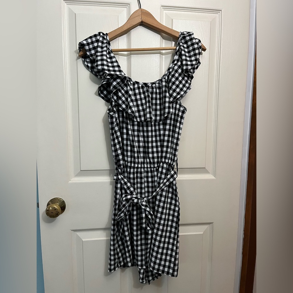 H&M Gingham Black and White Romper with Ruffled Neck Line